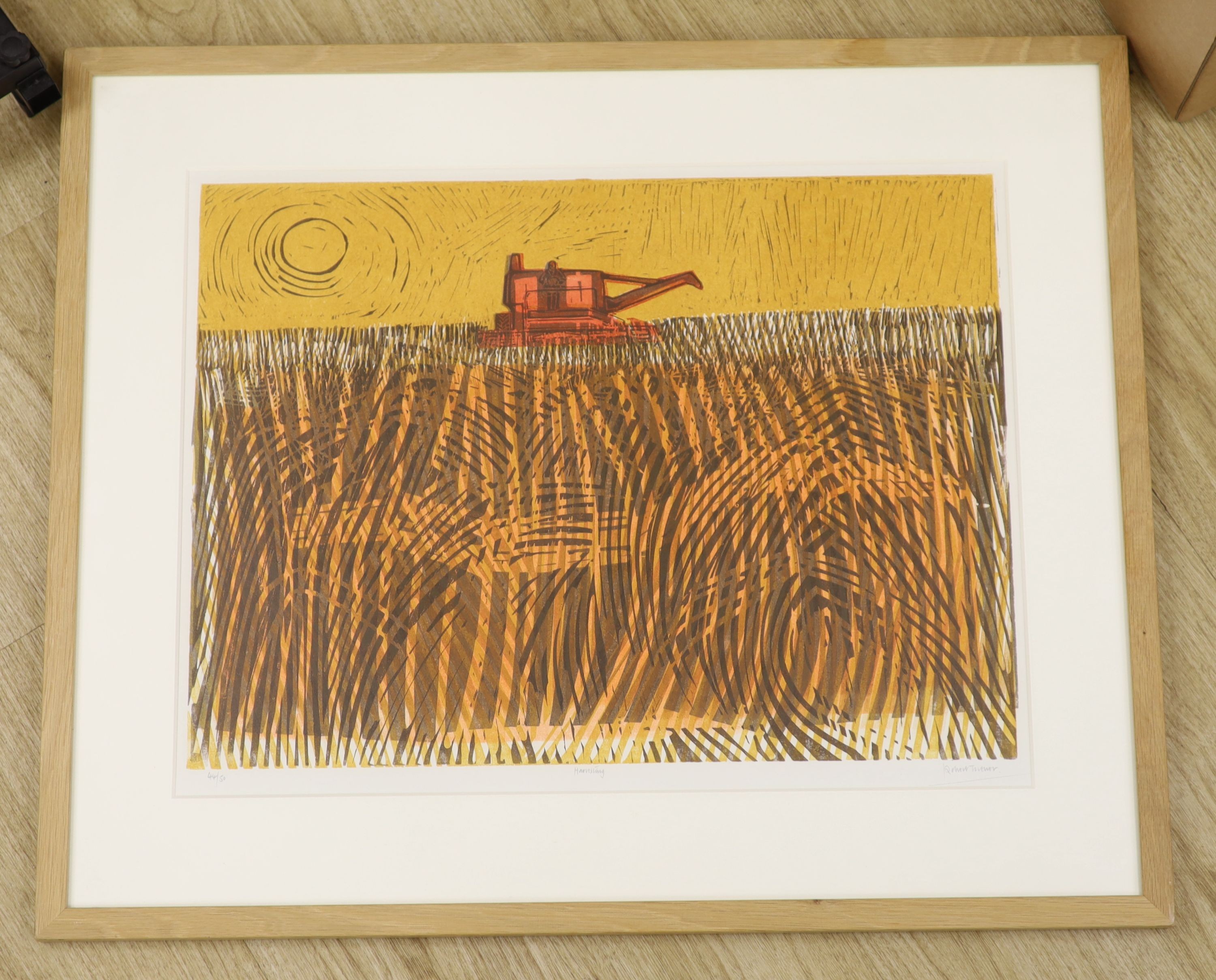 Robert Tavener, (1920-2004), lino cut, 'Harvesting', signed in pencil, 44/50, 43 x 59cm